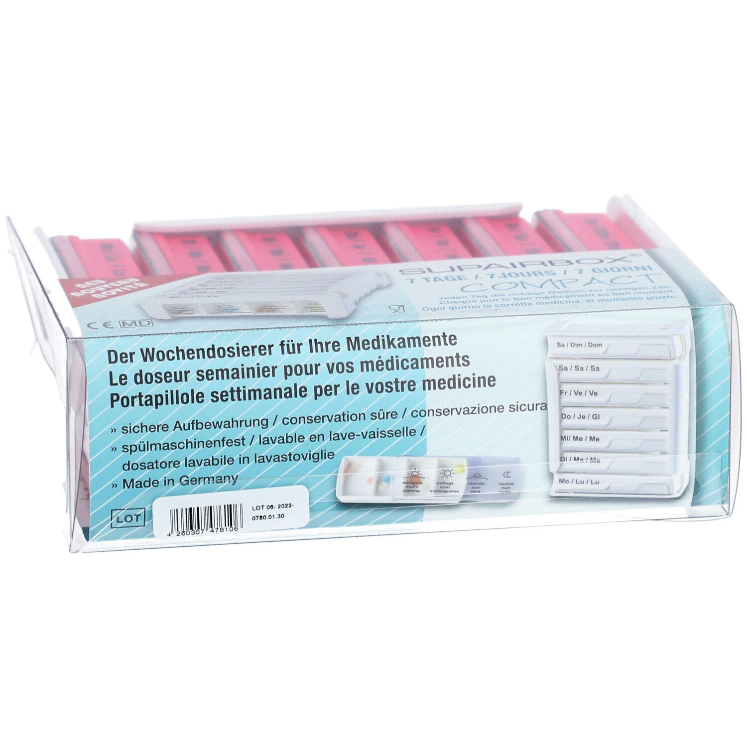 SUPERBOX Semainier, wekelijkse pillendoos, in verpakking. Roze compartimenten, transparante verpakking. Tekst op verpakking.