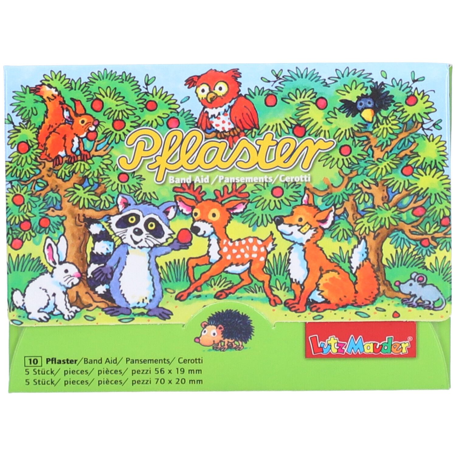 Verpakking pleisters. Bosdieren-motief. Bevat 10 pleisters, verschillende maten. Groen, met illustraties.