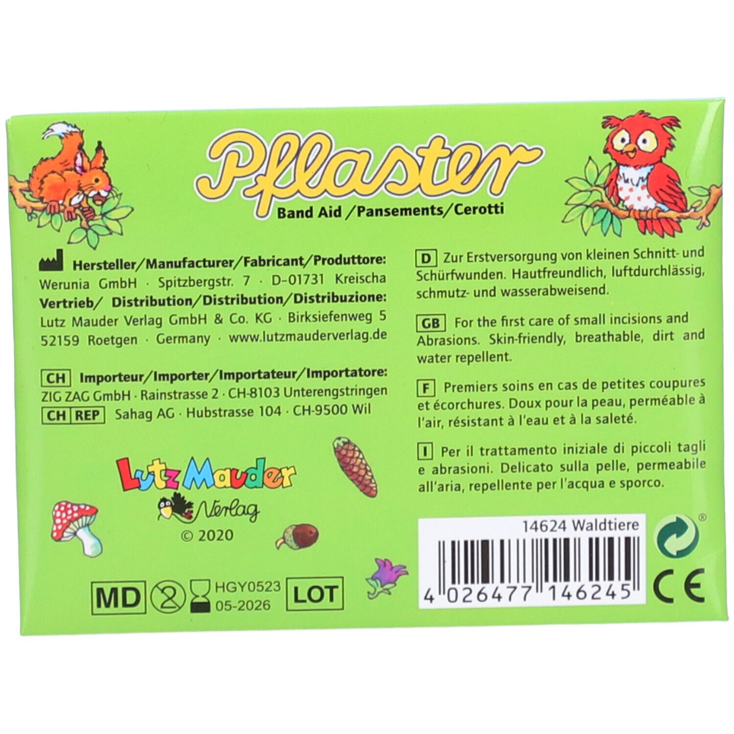 Achterkant van de pleisterverpakking. Tekstinformatie, fabrikant, instructies. Groene achtergrond, bosdieren-motief.