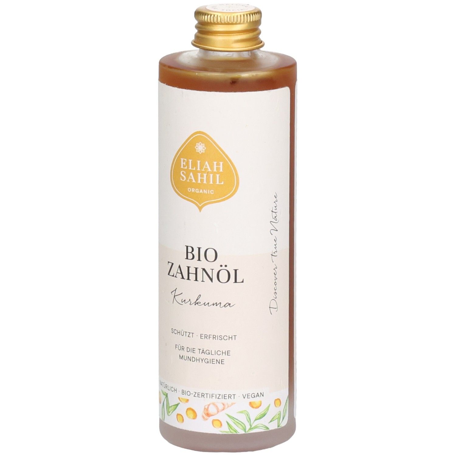 Cilindrische fles met bruine vloeistof. Wit etiket met productnaam en logo. Gouden dop.