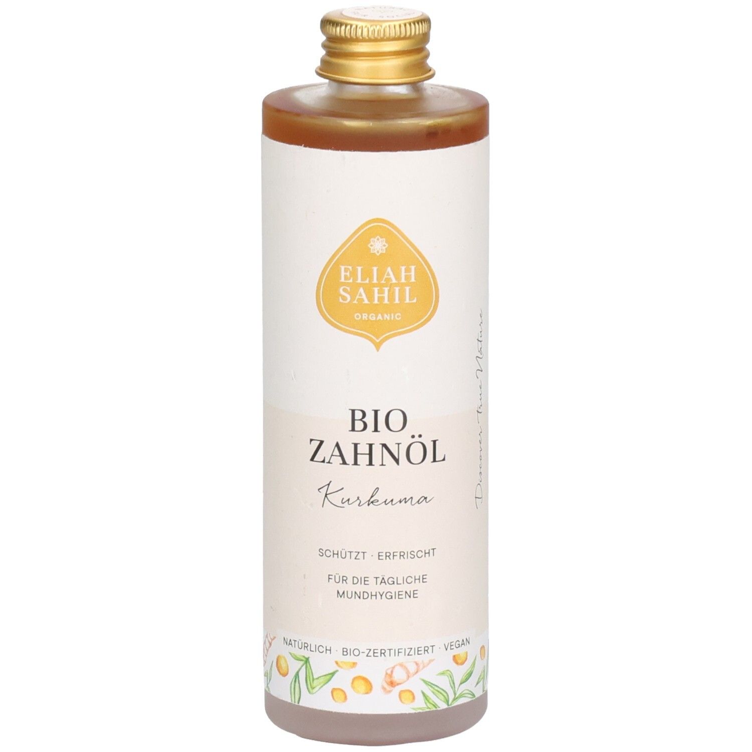 Cilindrische fles met bruine vloeistof. Wit etiket met productnaam en logo. Gouden dop.