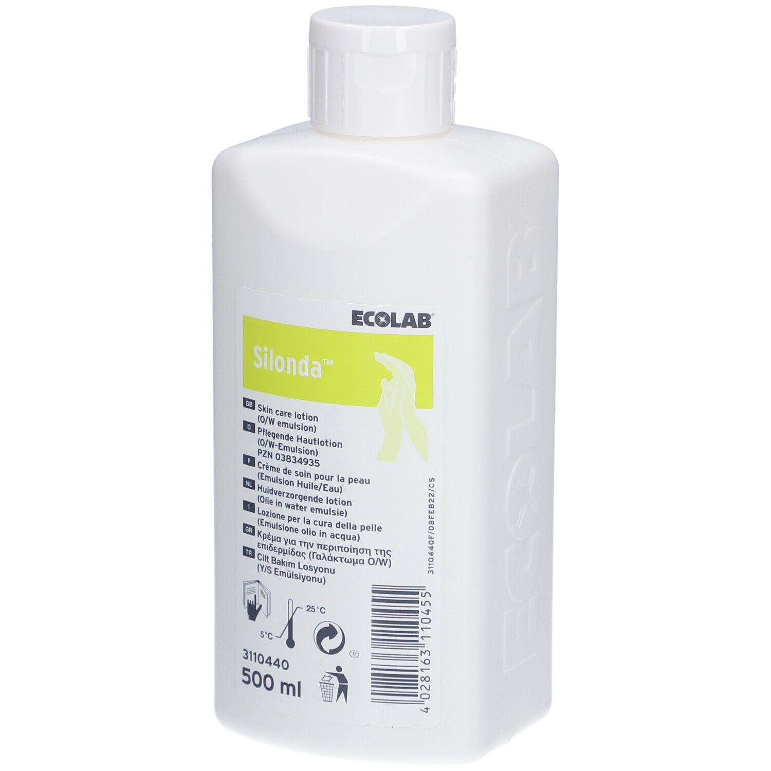 Flacon blanc avec bouchon à vis. Inscription : Silonda, Ecolab. Contient 500 ml. Étiquette avec informations produit.