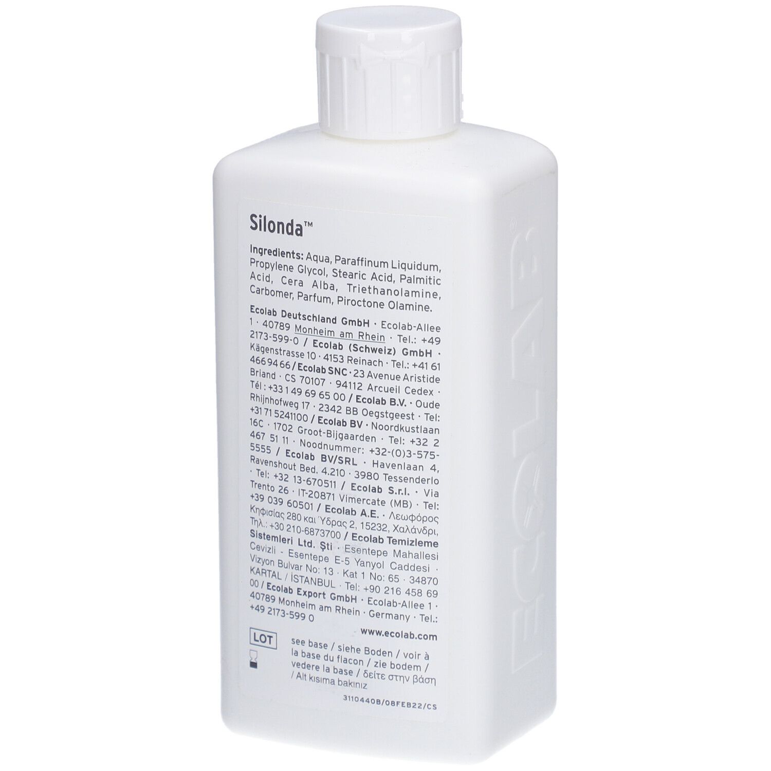 Flacon blanc avec bouchon à vis. Inscription : Silonda, Ecolab. Dos avec informations produit et ingrédients.