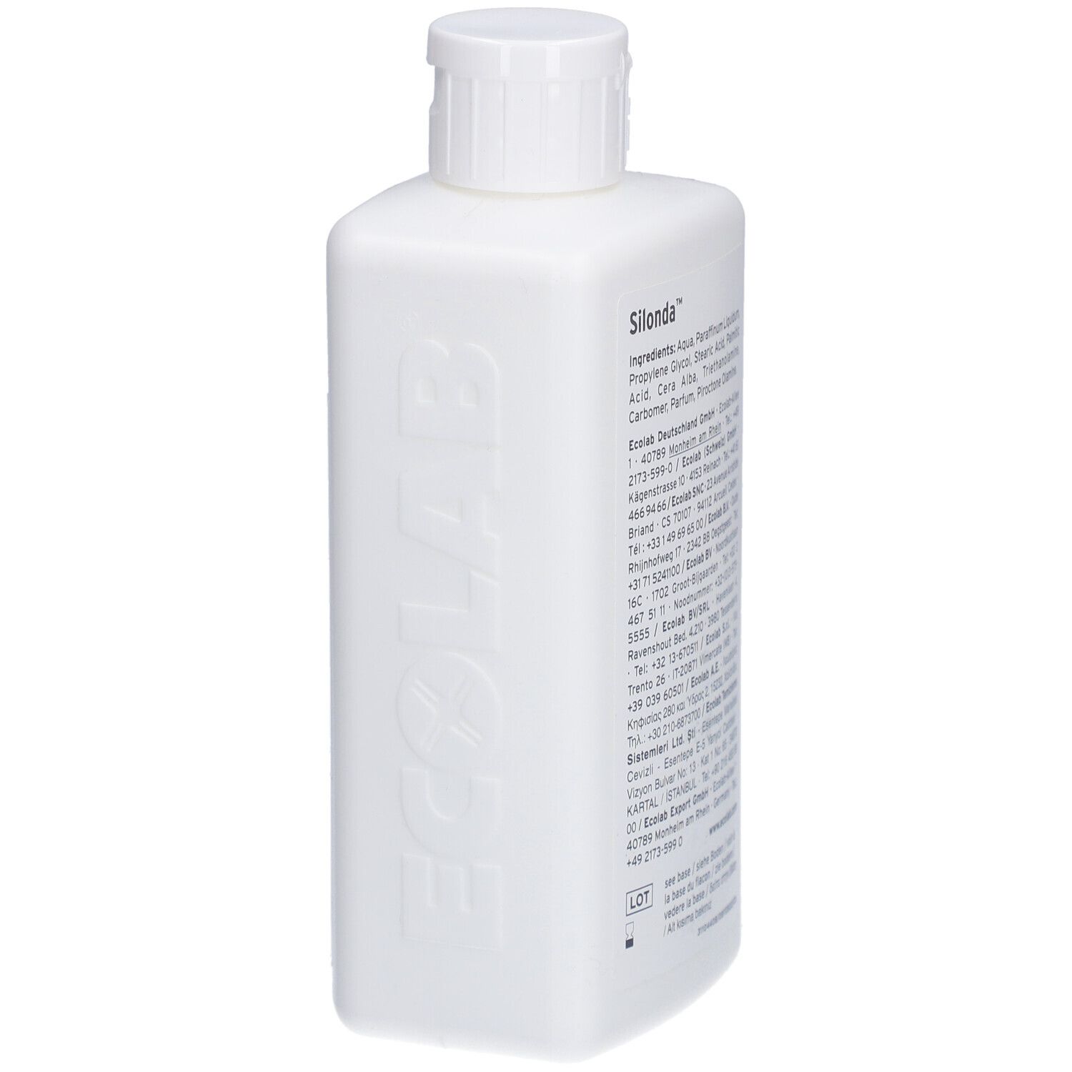 Flacon blanc avec bouchon à vis. Inscription : Silonda, Ecolab. Contient 500 ml. Étiquette avec informations produit.