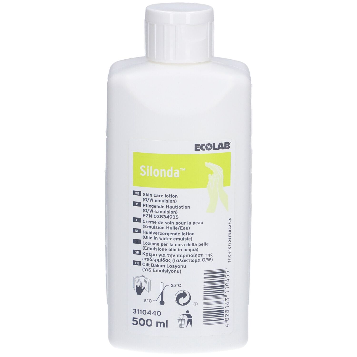 Flacon blanc avec bouchon à vis. Inscription : Silonda, Ecolab. Contient 500 ml. Étiquette avec informations produit.