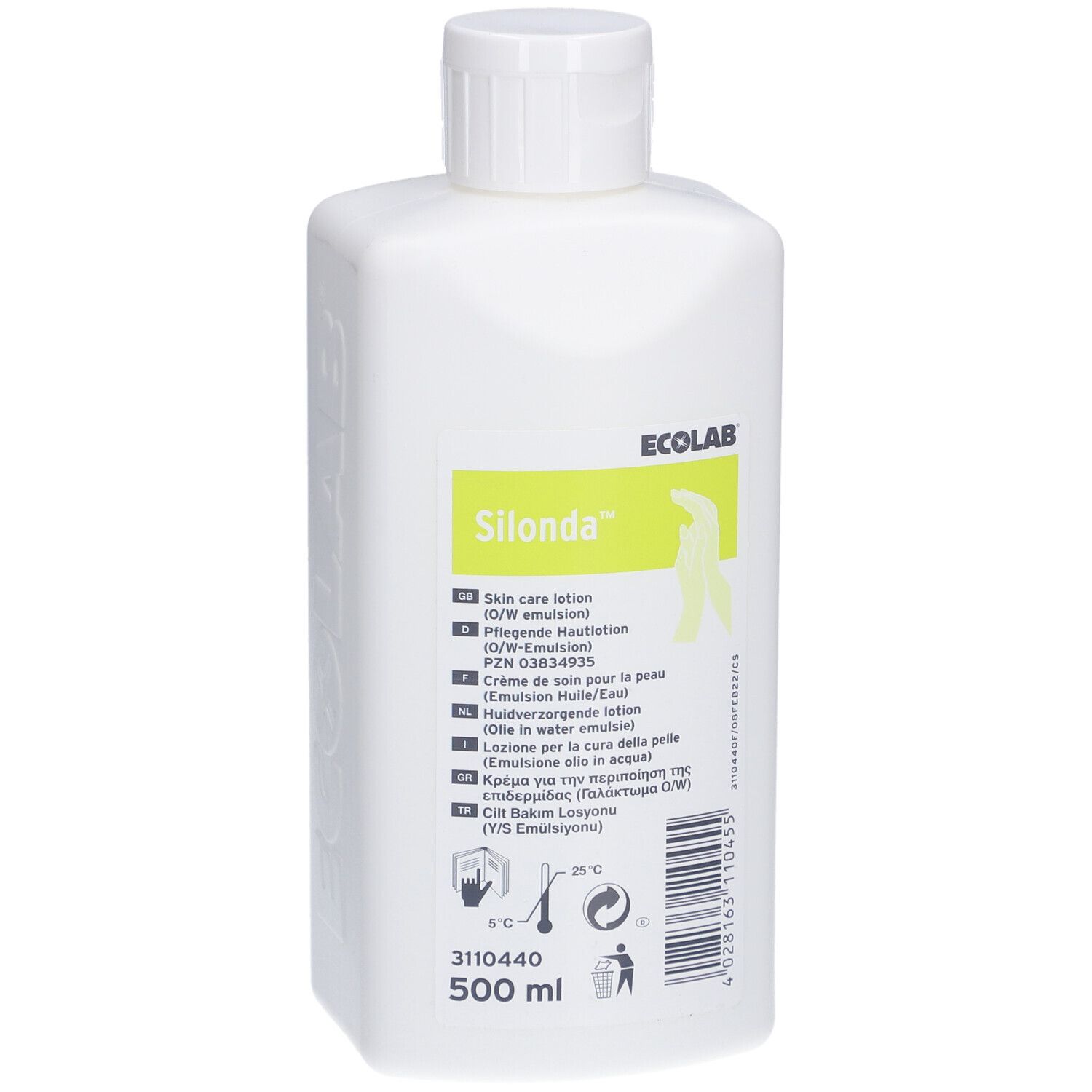 Flacon blanc avec bouchon à vis. Inscription : Silonda, Ecolab. Contient 500 ml. Étiquette avec informations produit.