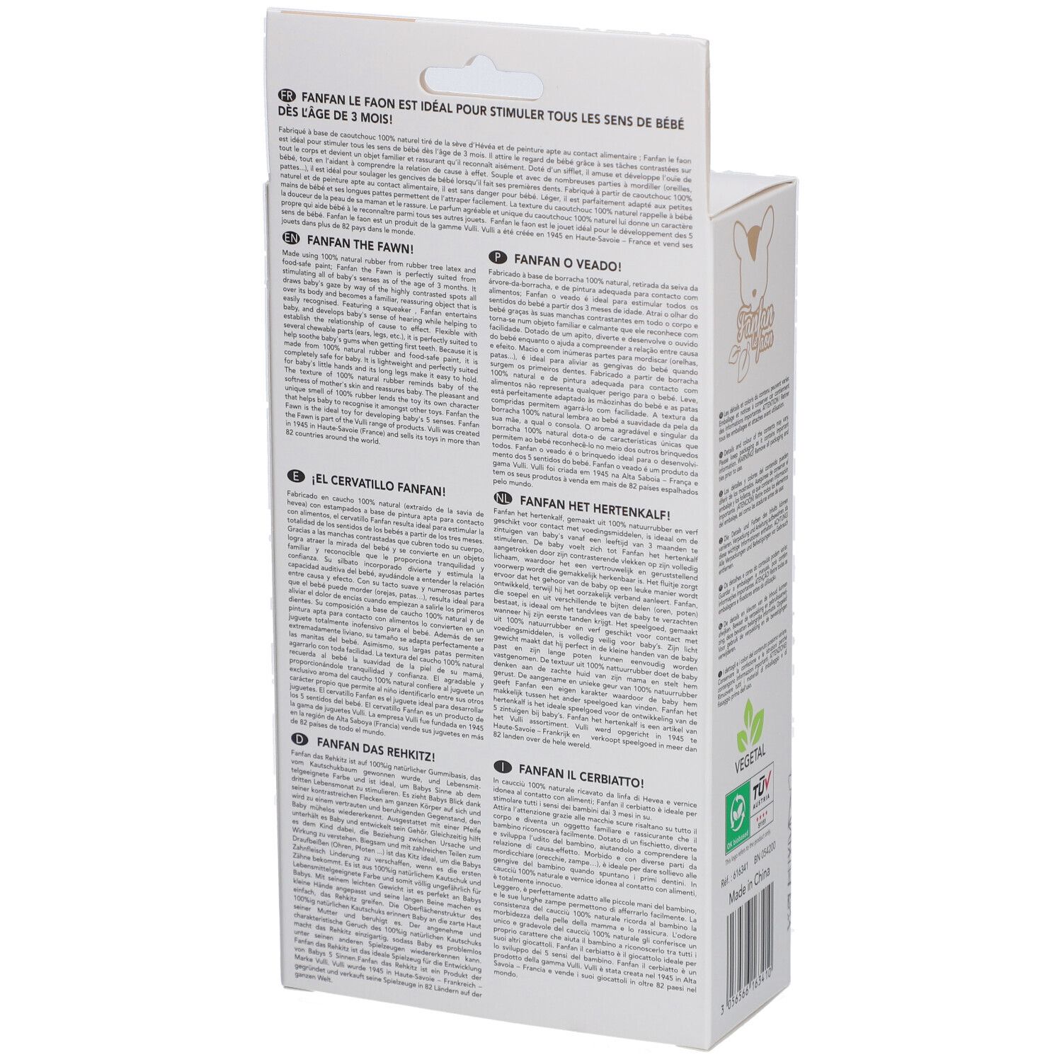 Arrière de la boîte de Fanfan le faon avec informations produit en plusieurs langues.