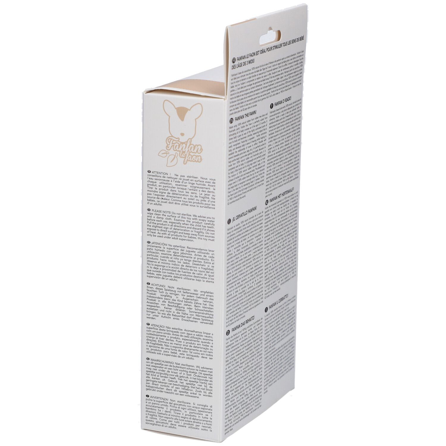 Côté de la boîte de Fanfan le faon avec informations produit et sceaux.