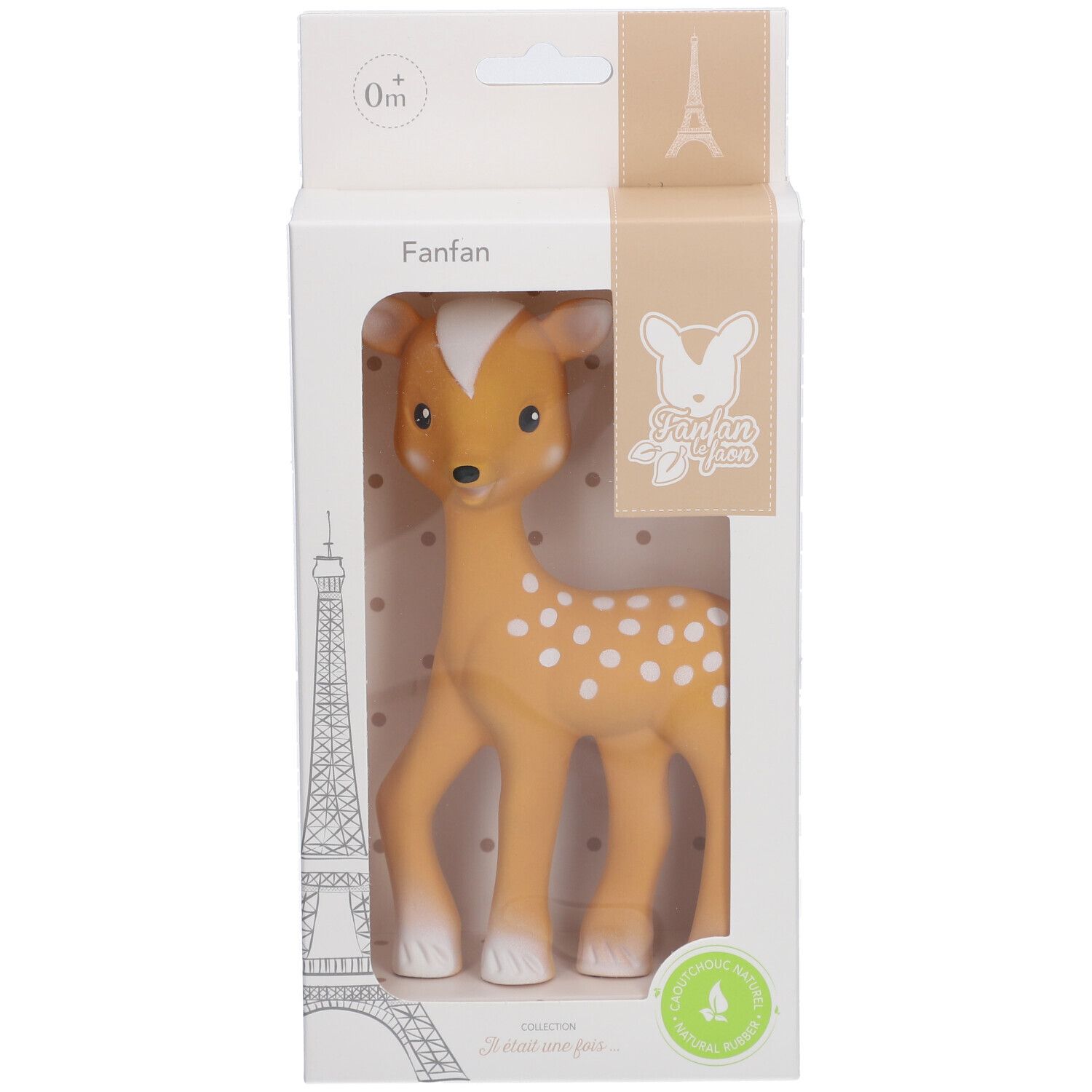 Fanfan le faon en boîte, marron à pois blancs, en caoutchouc naturel.