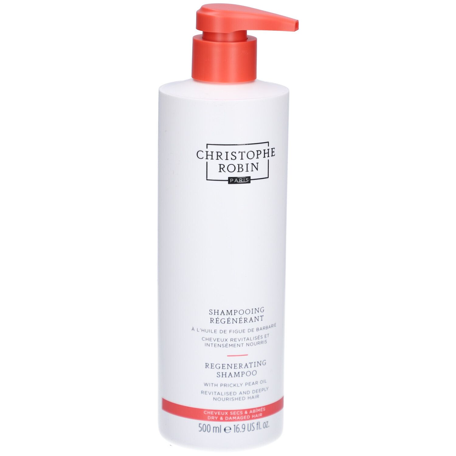 Wit shampoo met rode pomp. Tekst: Christophe Robin Paris, Regenererend Shampoo, 500 ml.