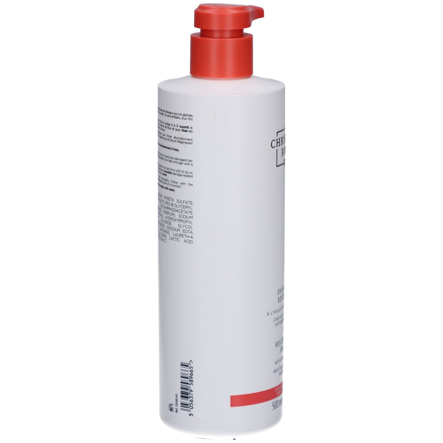 Achterkant van de witte shampoo fles met rode pomp. Tekst en ingrediënten zichtbaar.