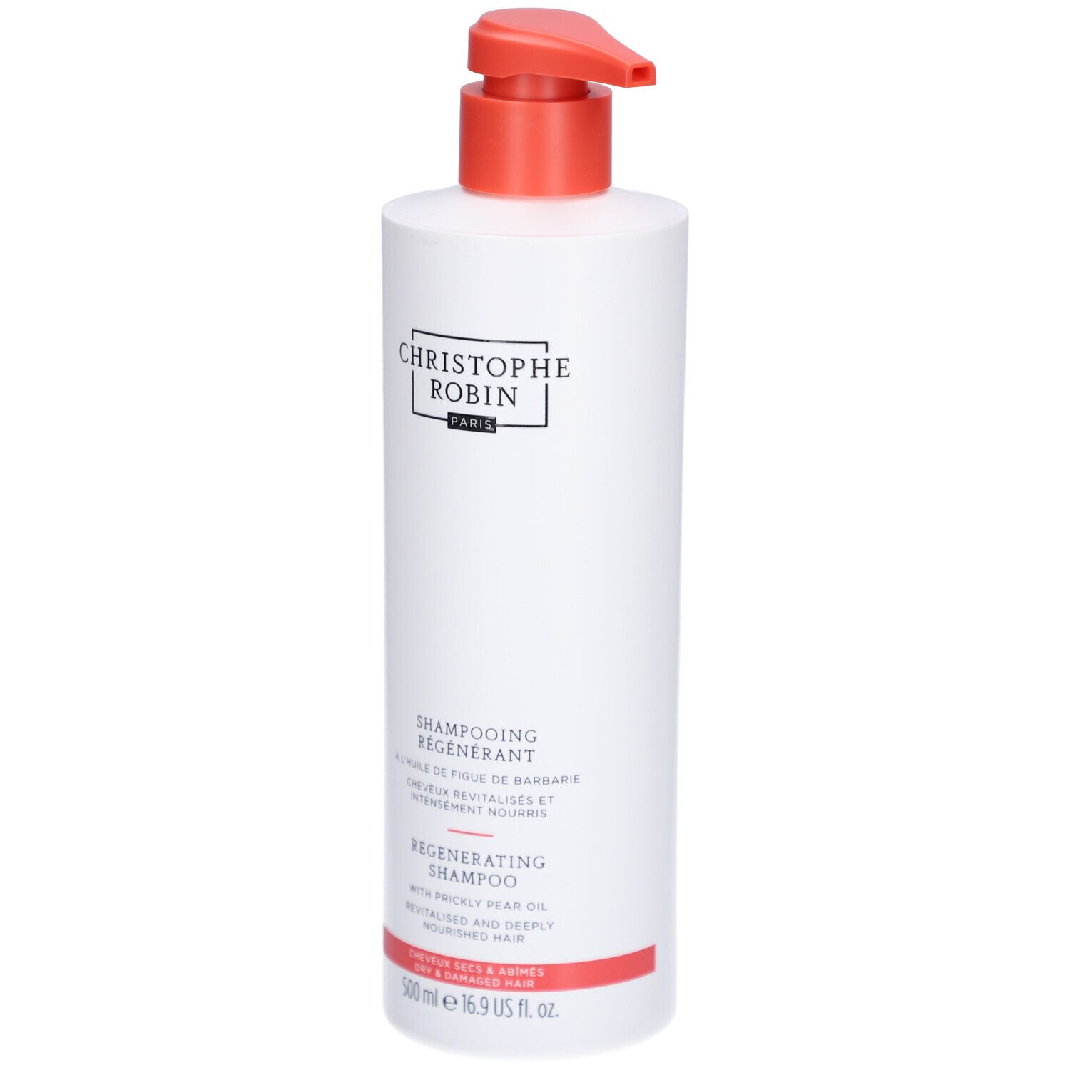 Wit shampoo met rode pomp. Tekst: Christophe Robin Paris, Regenererend Shampoo, 500 ml.