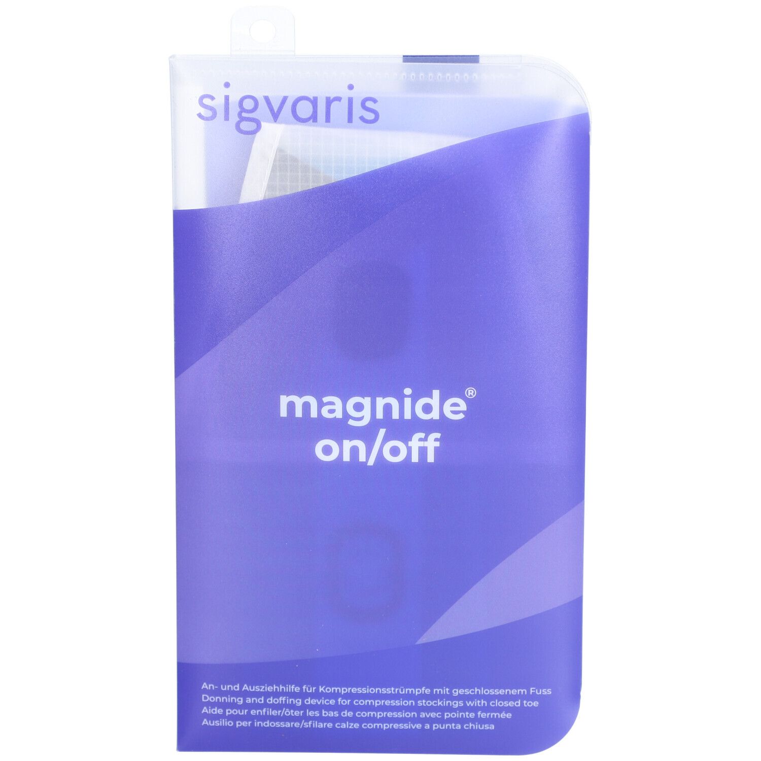 Emballage SIGVARIS magnide on/off. Emballage bleu avec nom et logo du produit. Image du produit visible.