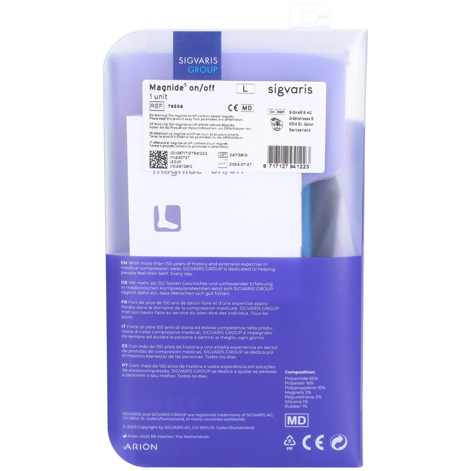Dos de l'emballage SIGVARIS magnide on/off. Nom du produit, logo, taille L et informations. Dispositif médical.