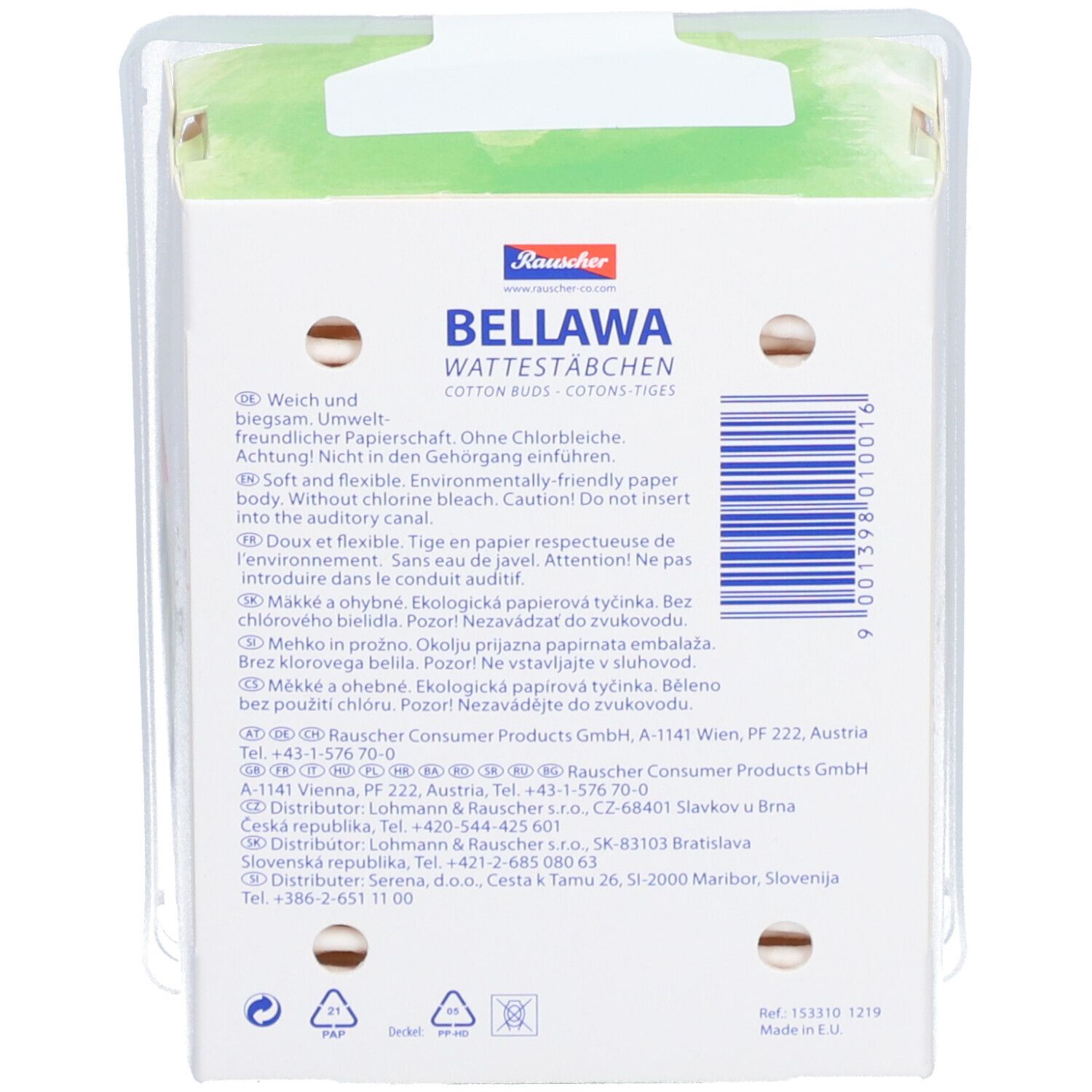 Achterkant van de BELLAWA-wattestaafjesdoos. Tekst in meerdere talen. Informatie over fabrikant en ingrediënten. Recyclingsymbolen.