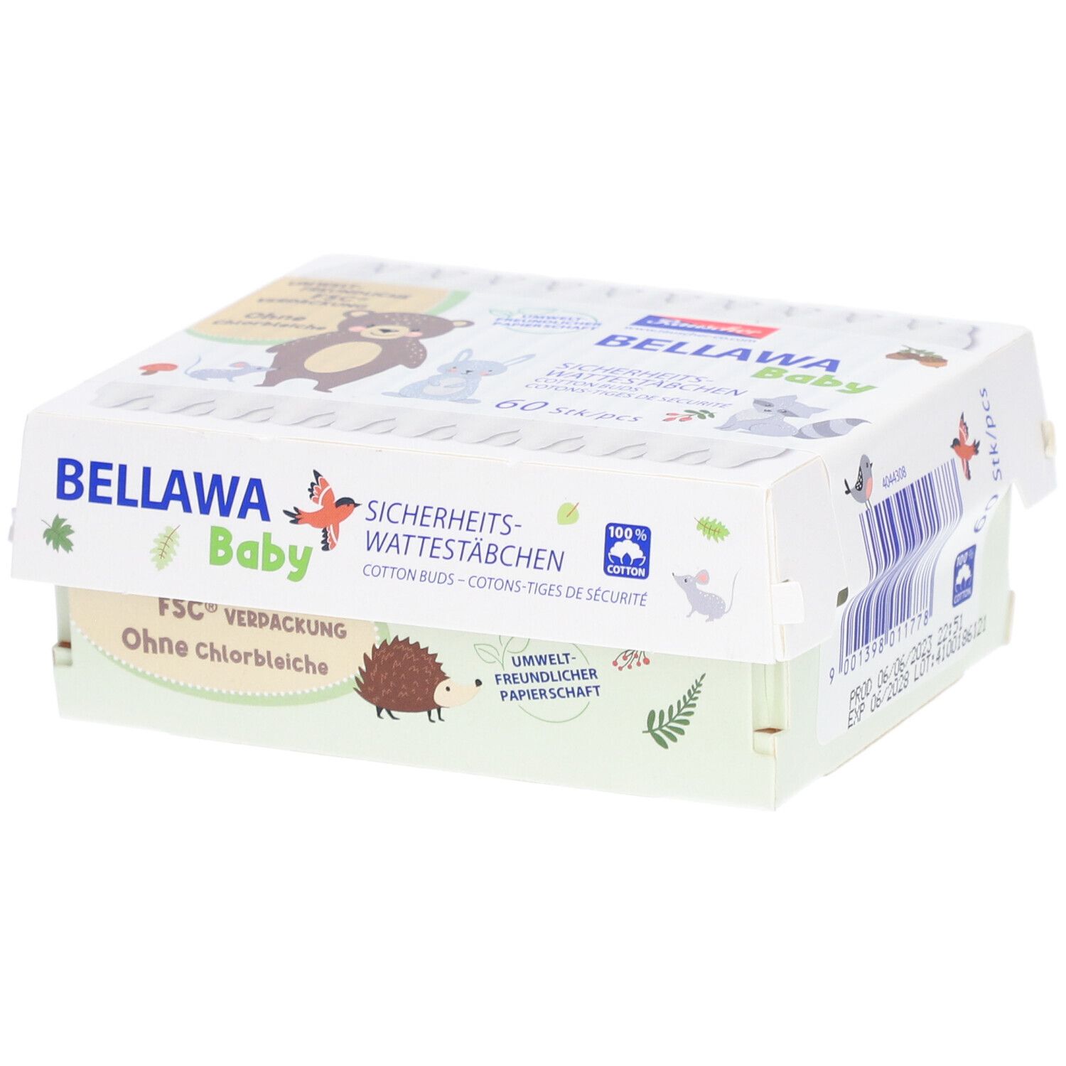 Verpakking BELLAWA Baby veiligheidswatstaafjes. 60 stuks. FSC-verpakking. Zonder chloorbleekmiddel. Milieuvriendelijk papier.