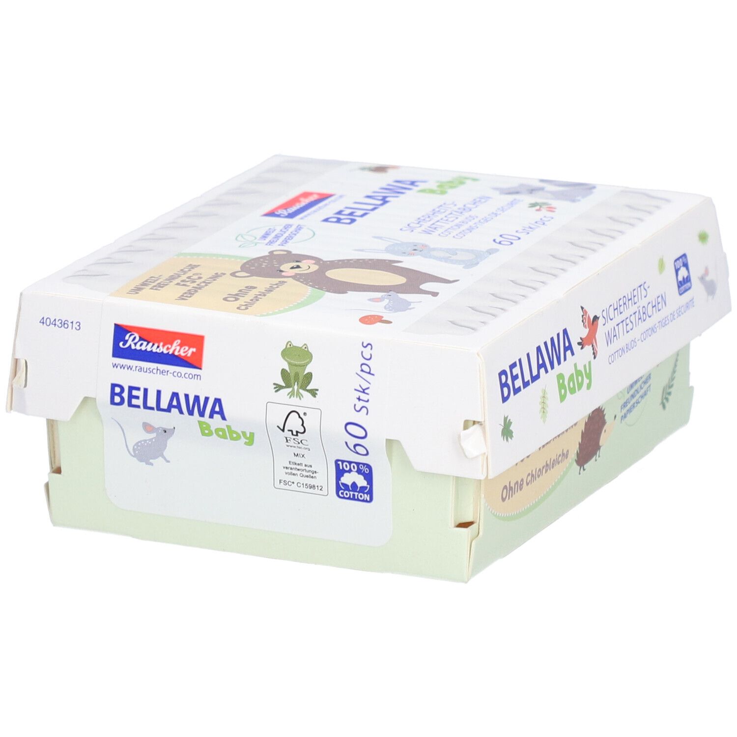 Verpakking BELLAWA Baby veiligheidswatstaafjes. 60 stuks. FSC-verpakking. Zonder chloorbleekmiddel. Met logo.