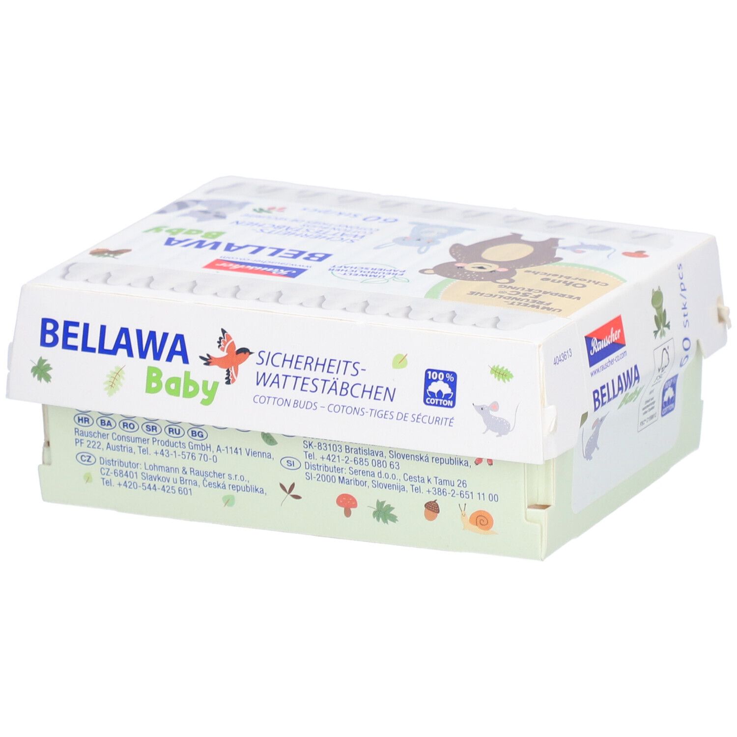 Verpakking BELLAWA Baby veiligheidswatstaafjes. 60 stuks. FSC-verpakking. Zonder chloorbleekmiddel. Met logo.