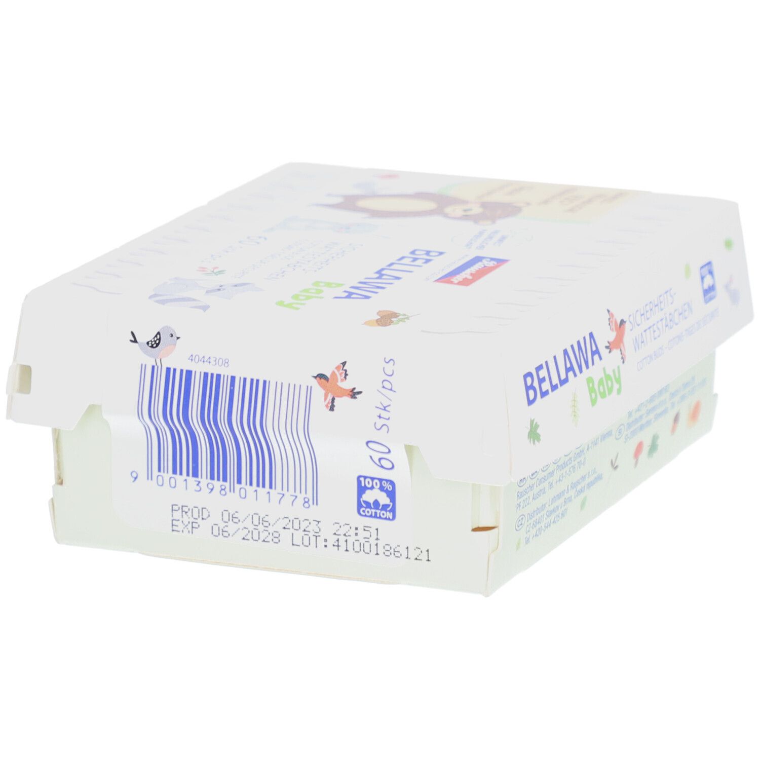 Verpakking BELLAWA Baby veiligheidswatstaafjes. 60 stuks. Barcode en houdbaarheidsdatum. Met logo.