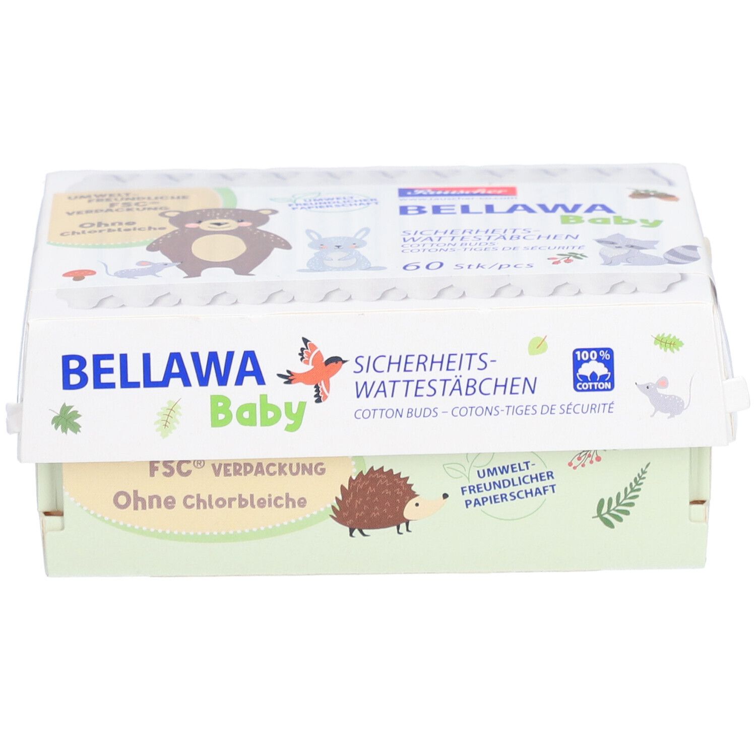 Verpakking BELLAWA Baby veiligheidswatstaafjes. 60 stuks. FSC-verpakking. Zonder chloorbleekmiddel. Milieuvriendelijk papier.