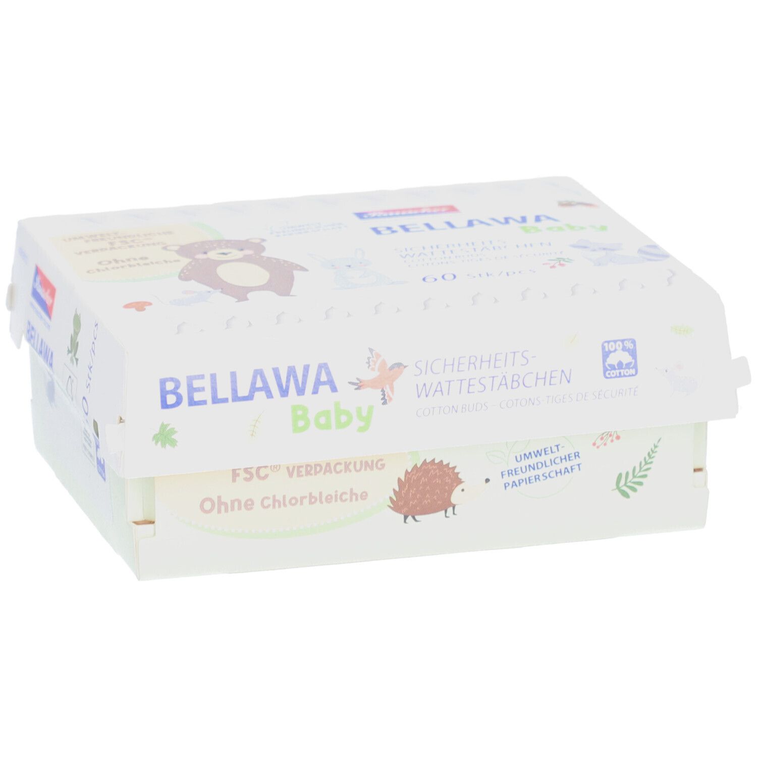 Verpakking BELLAWA Baby veiligheidswatstaafjes. 60 stuks. FSC-verpakking. Zonder chloorbleekmiddel. Met logo.