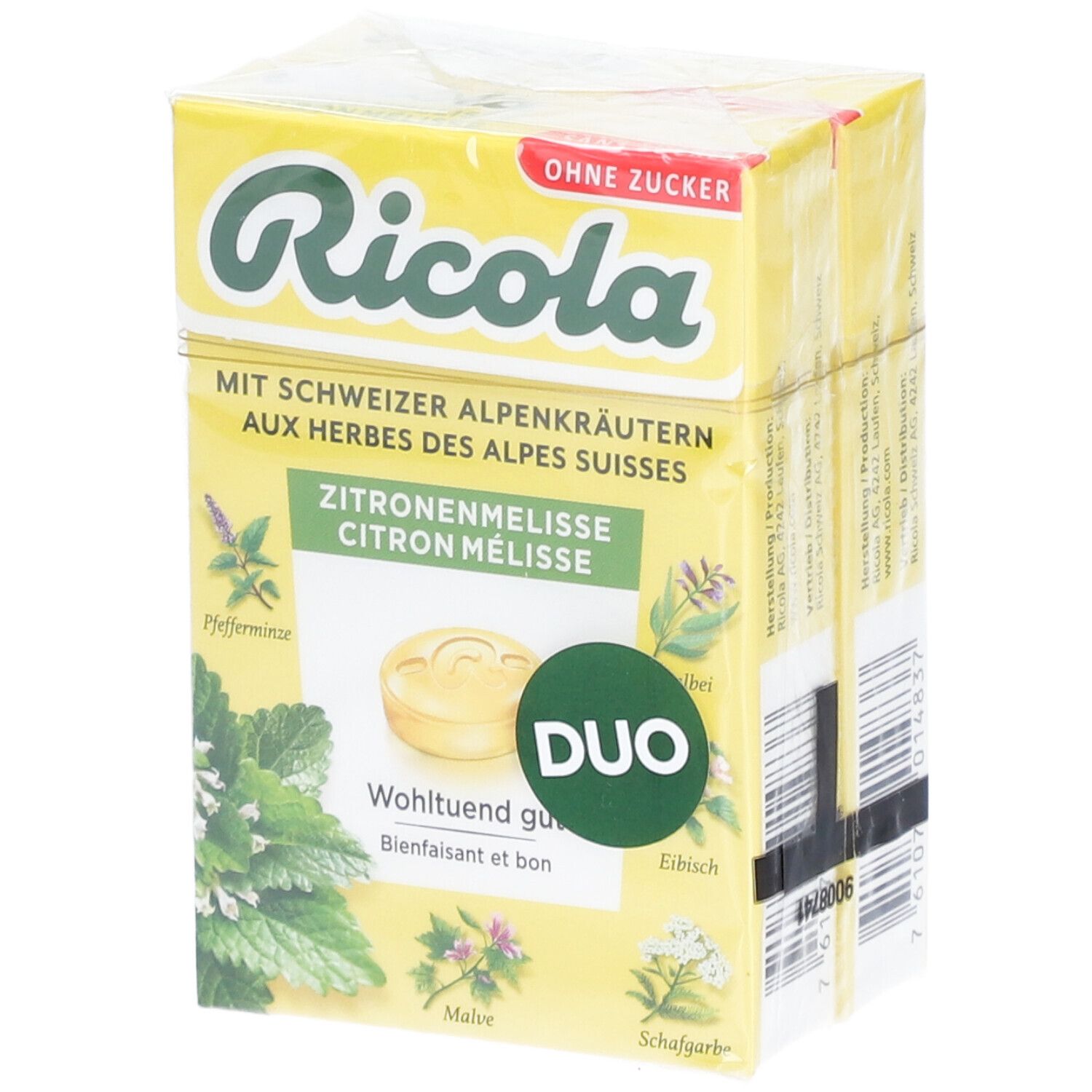 Pack duo Ricola Mélisse Citron aux herbes des Alpes suisses, sans sucre.