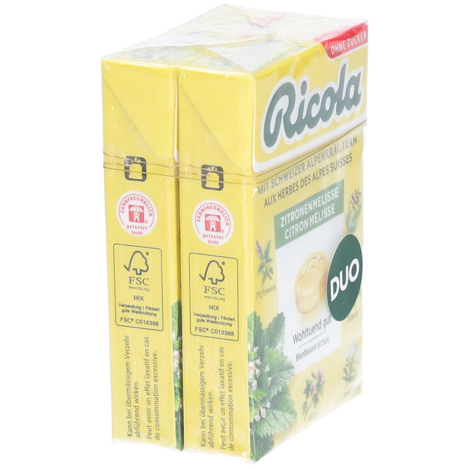 Pack duo Ricola Mélisse Citron, vue latérale avec certification FSC.