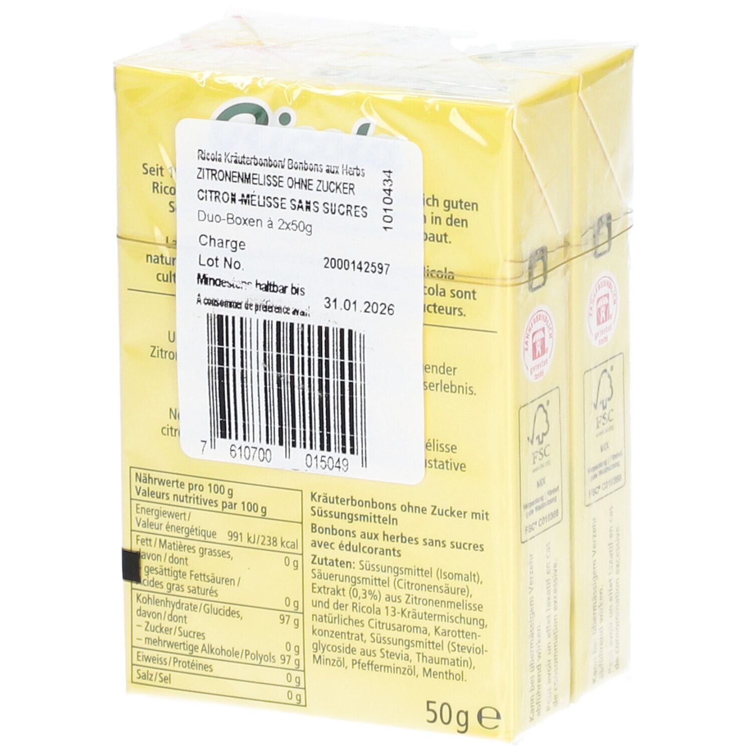 Pack duo Ricola Mélisse Citron, verso avec informations nutritionnelles et code-barres.