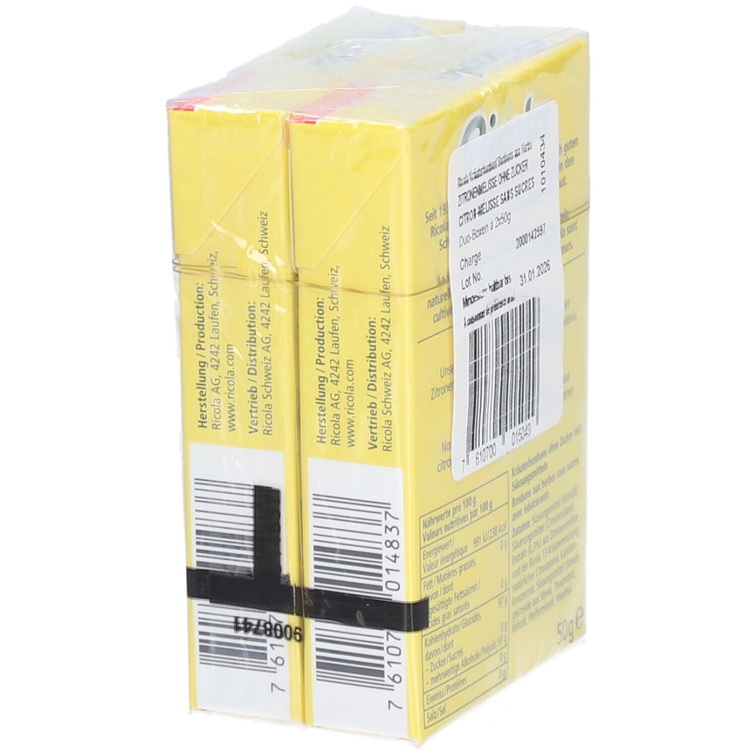 Pack duo Ricola Mélisse Citron, verso avec informations de fabrication et de distribution.