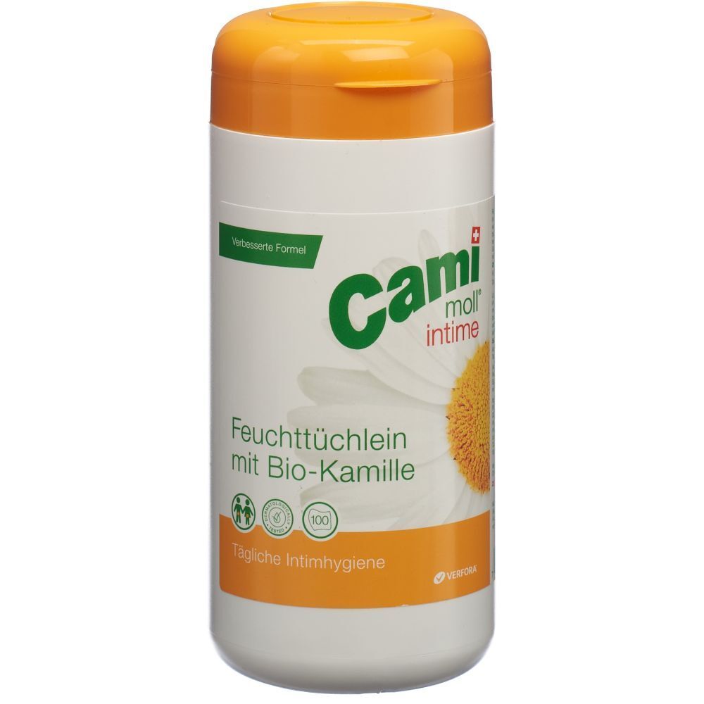 Witte en oranje verpakking met productnaam en kamillebloem. Klapdeksel.