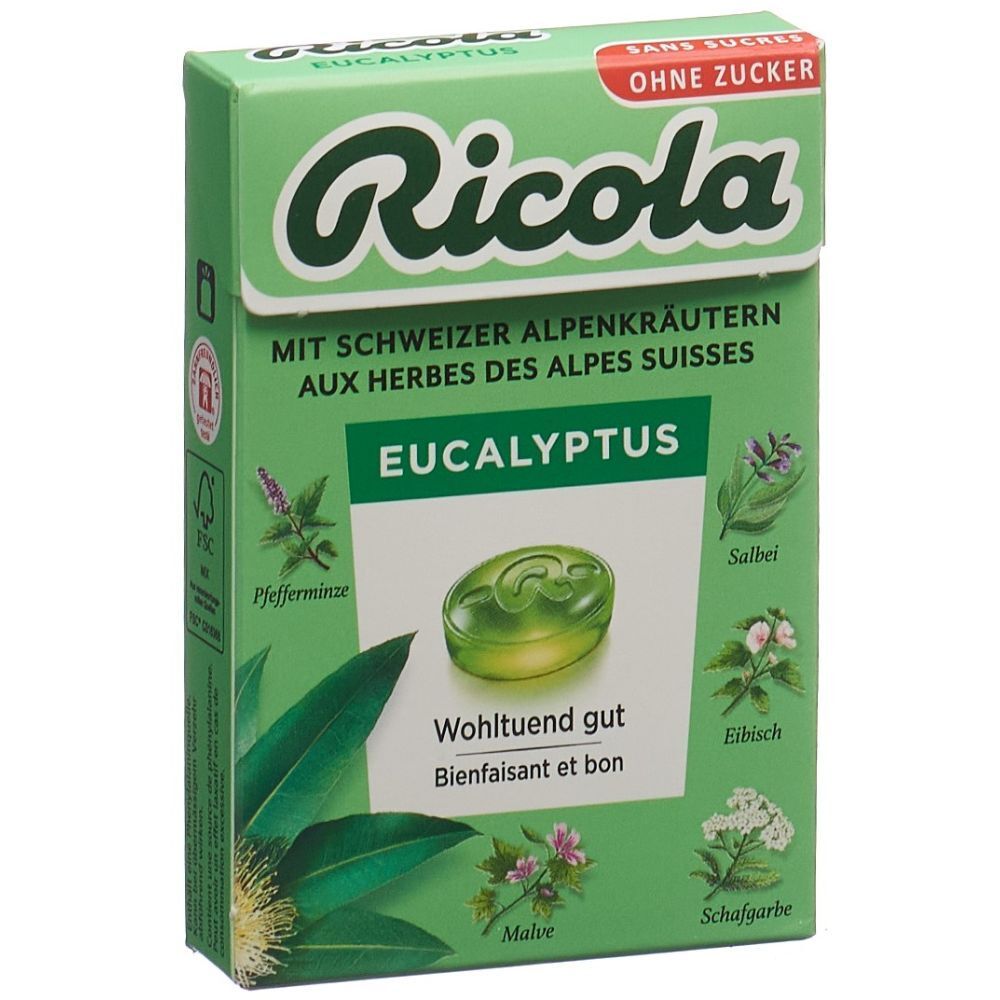 Emballage de pastilles Ricola Eucalyptus sans sucre avec illustration d'herbes et une pastille.