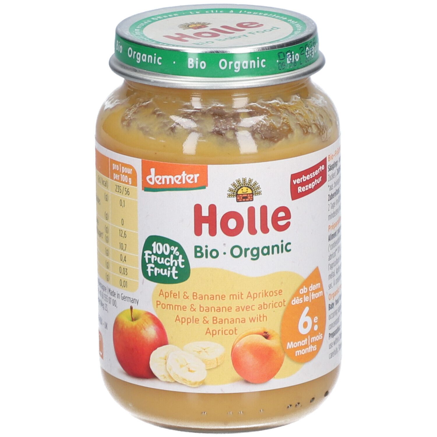 Holle Bio compote pomme-banane-abricot en pot. Qualité Demeter, 100% fruit.