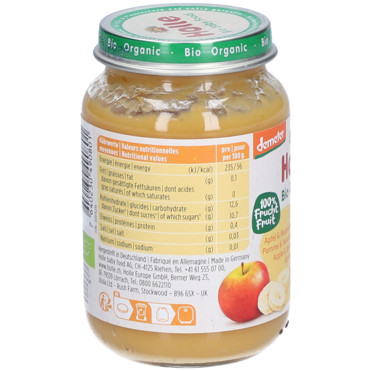 Arrière du pot Holle Bio compote pomme-banane-abricot avec tableau nutritionnel et label Demeter.