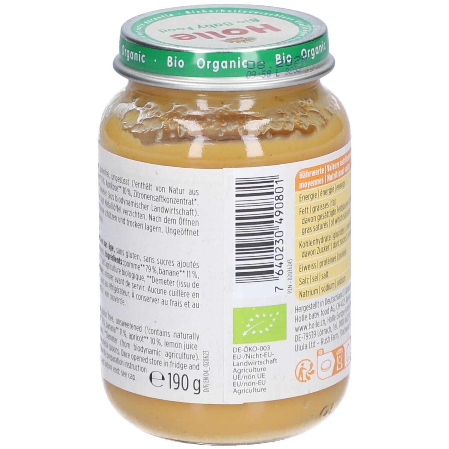 Pot Holle Bio compote pomme-banane-abricot avec liste d'ingrédients et label bio.
