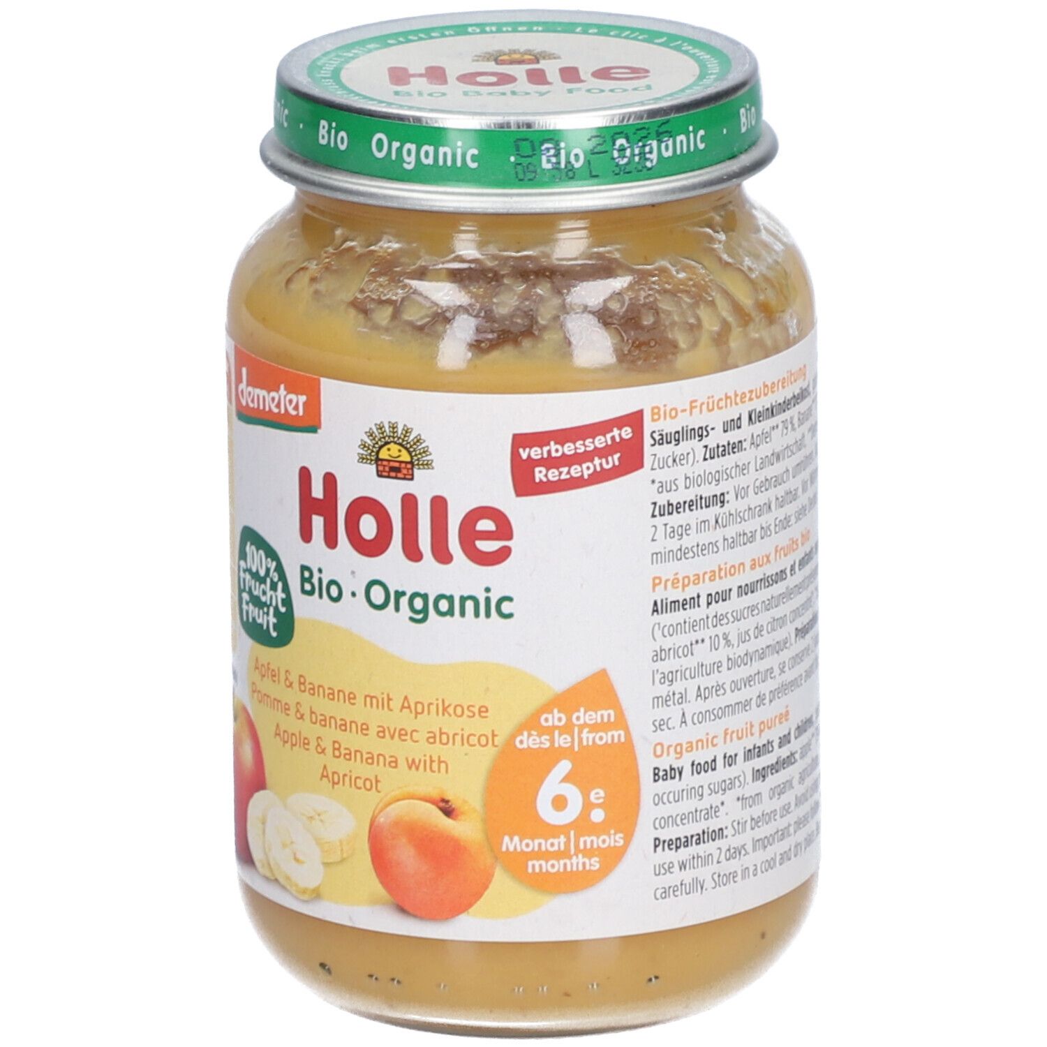 Pot Holle Bio compote pomme-banane-abricot, dès 6 mois. Qualité Demeter.