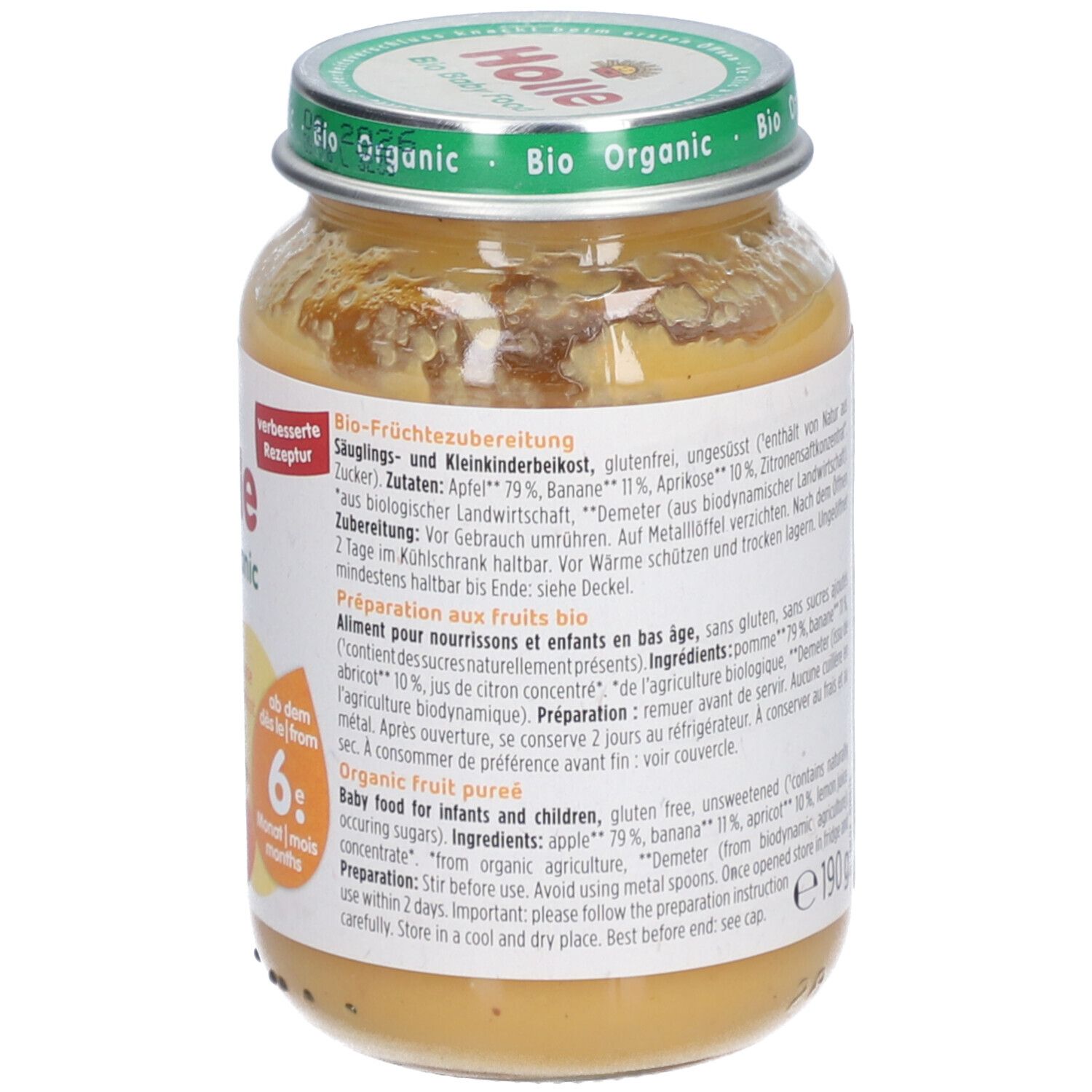 Holle Bio compote pomme-banane-abricot, ingrédients et préparation au dos.