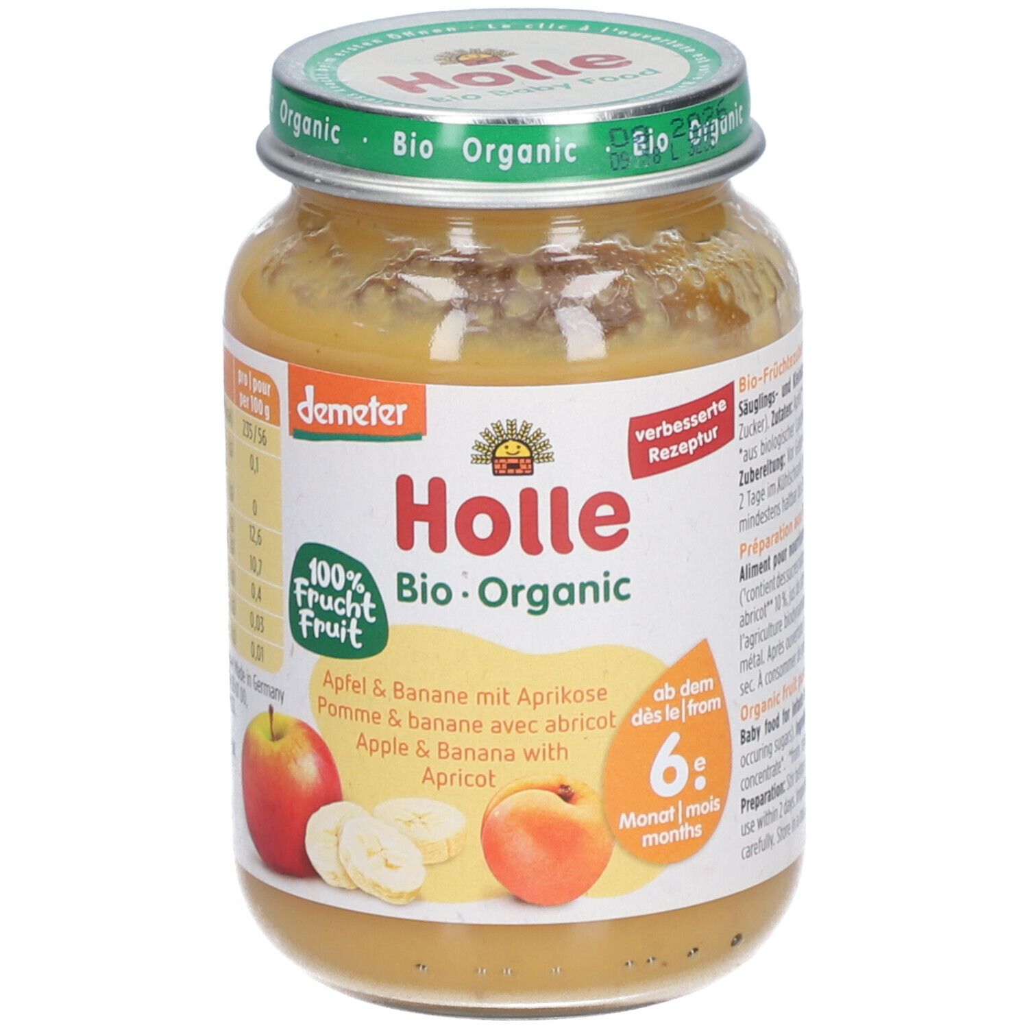 Pot Holle Bio compote pomme-banane-abricot, 190g. Qualité Demeter.
