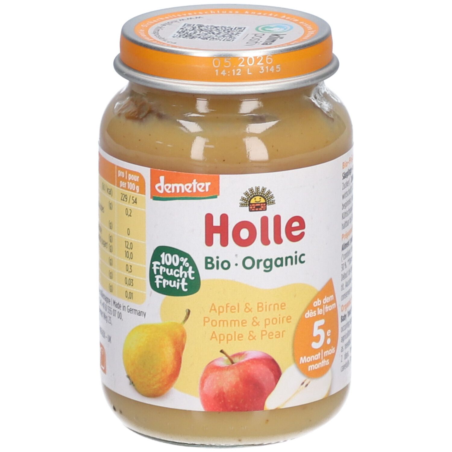 Holle biologische Appel & Peer fruitpuree in pot, Demeter-kwaliteit, vanaf 5 maanden.