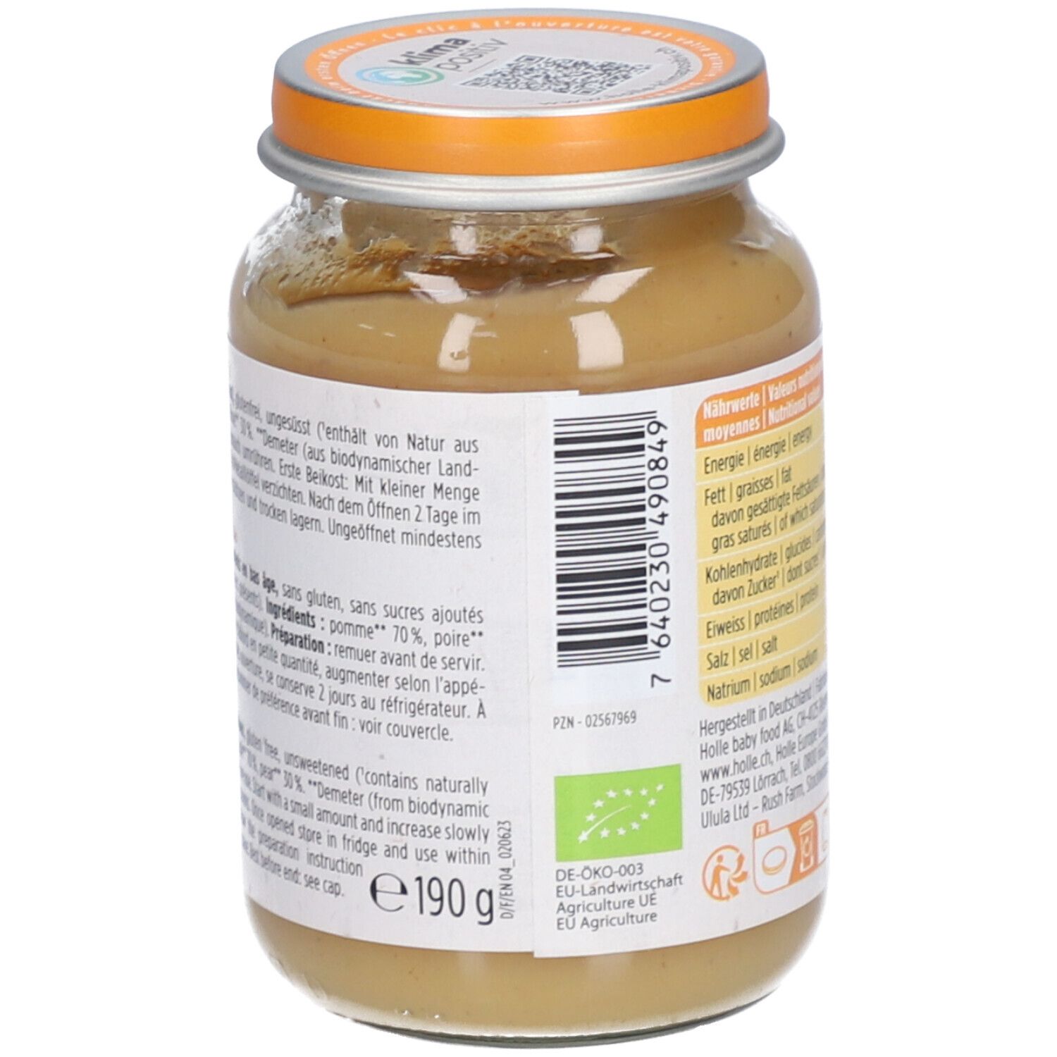 Pot Holle Appel & Peer bio 190g: ingrediëntenlijst en EU biologisch keurmerk.