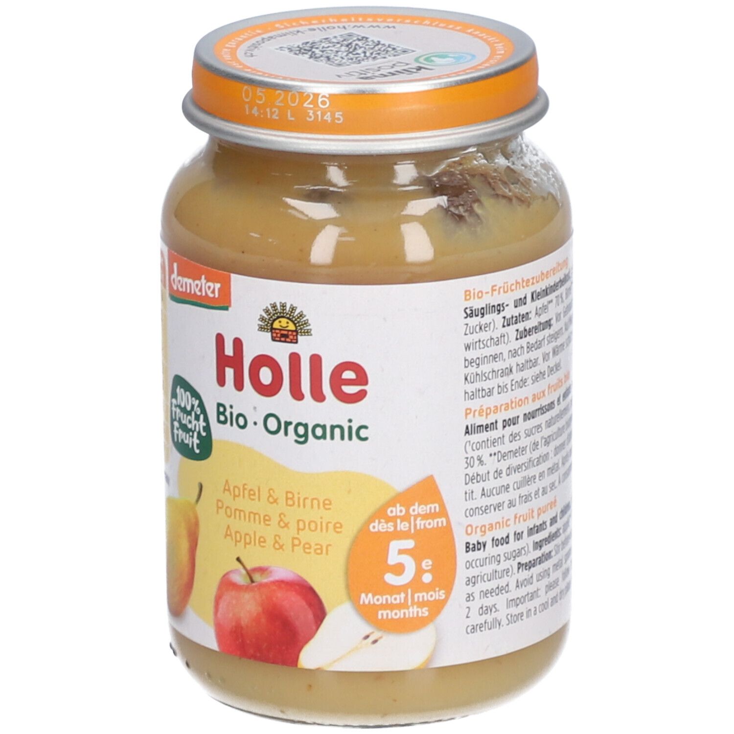 Holle biologische Appel & Peer fruitpuree: Demeter-kwaliteit, 100% fruit, vanaf 5 maanden.