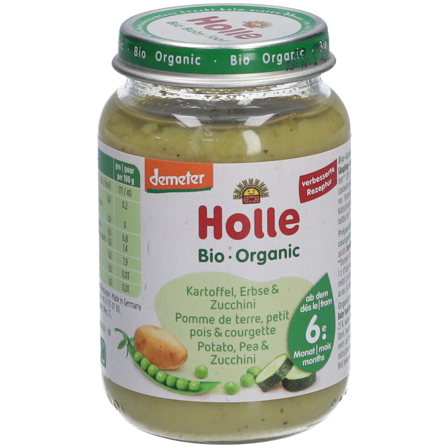 Pot Holle Bio-Organic, pomme de terre, petit pois et courgette. Demeter. 6+ mois. Contenu vert, couvercle vert.