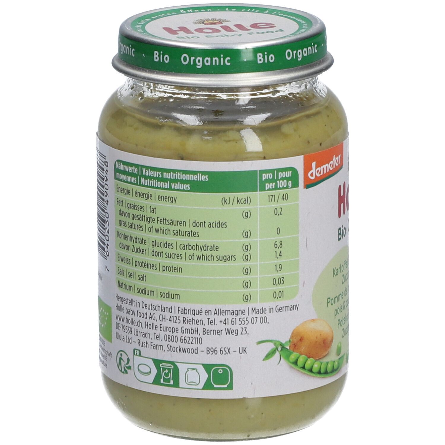 Dos du pot Holle Bio-Organic. Informations nutritionnelles. Demeter. Liste des ingrédients. Certification bio.