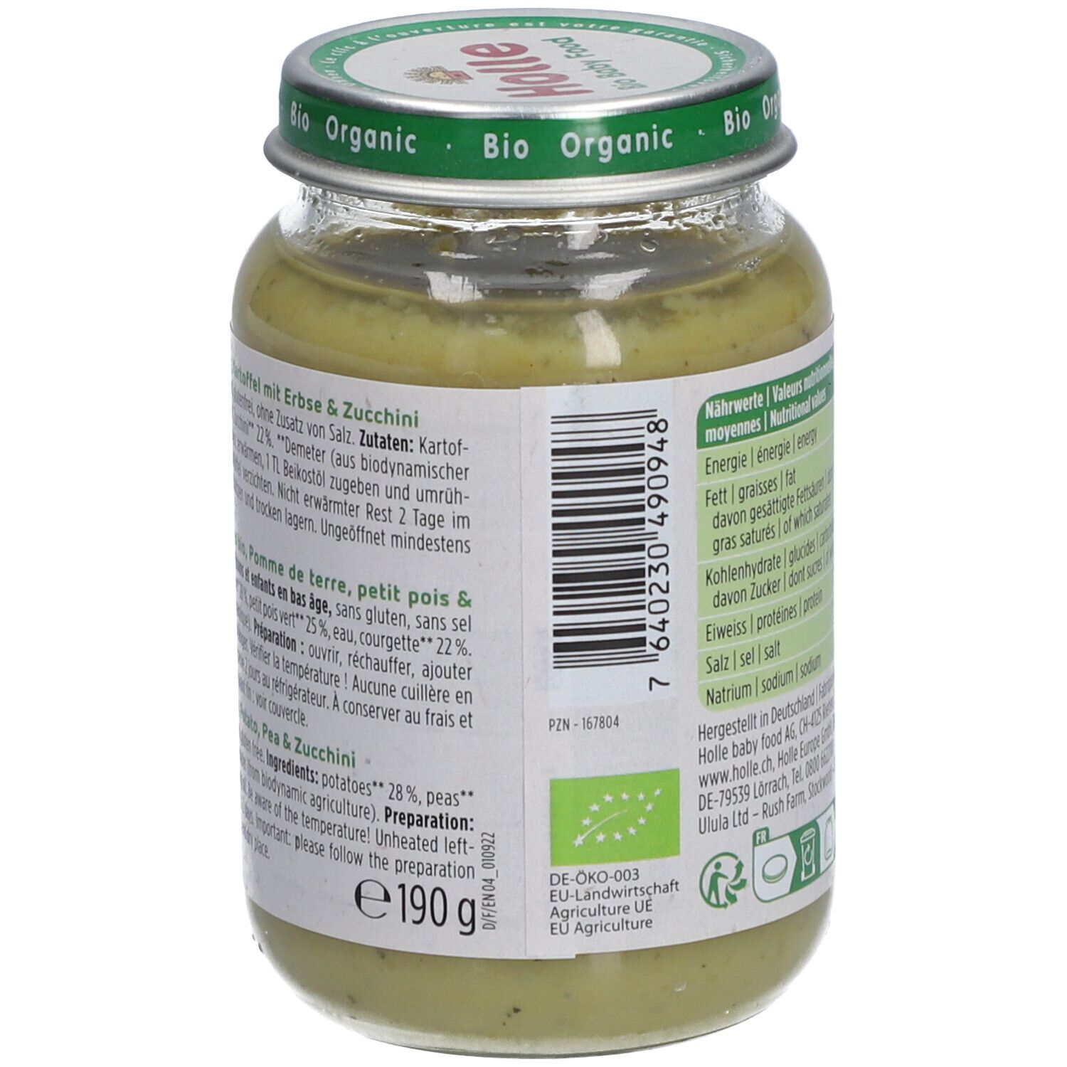 Dos du pot Holle Bio-Organic. Liste des ingrédients. 190g. Certification bio. Demeter. Préparation.