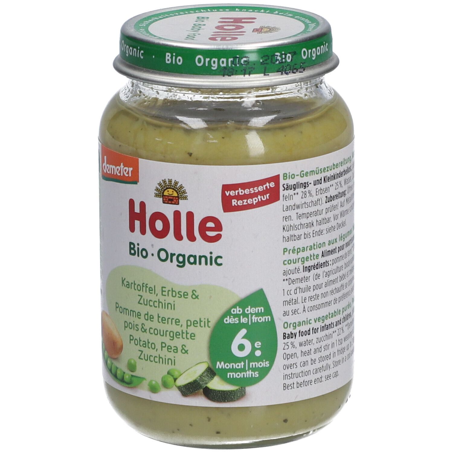 Pot Holle Bio-Organic, pomme de terre, petit pois et courgette. Demeter. 6+ mois. Recette améliorée.