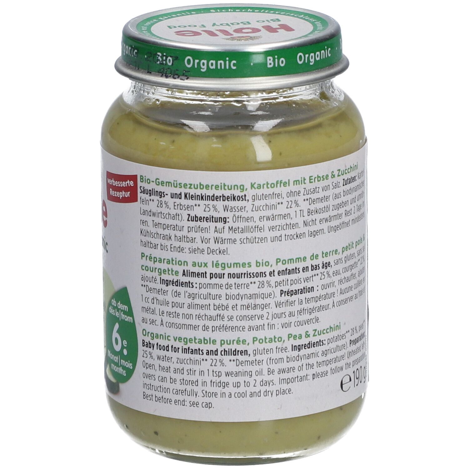Pot Holle Bio-Organic, pomme de terre, petit pois et courgette. 190g. Demeter. 6+ mois. Ingrédients.