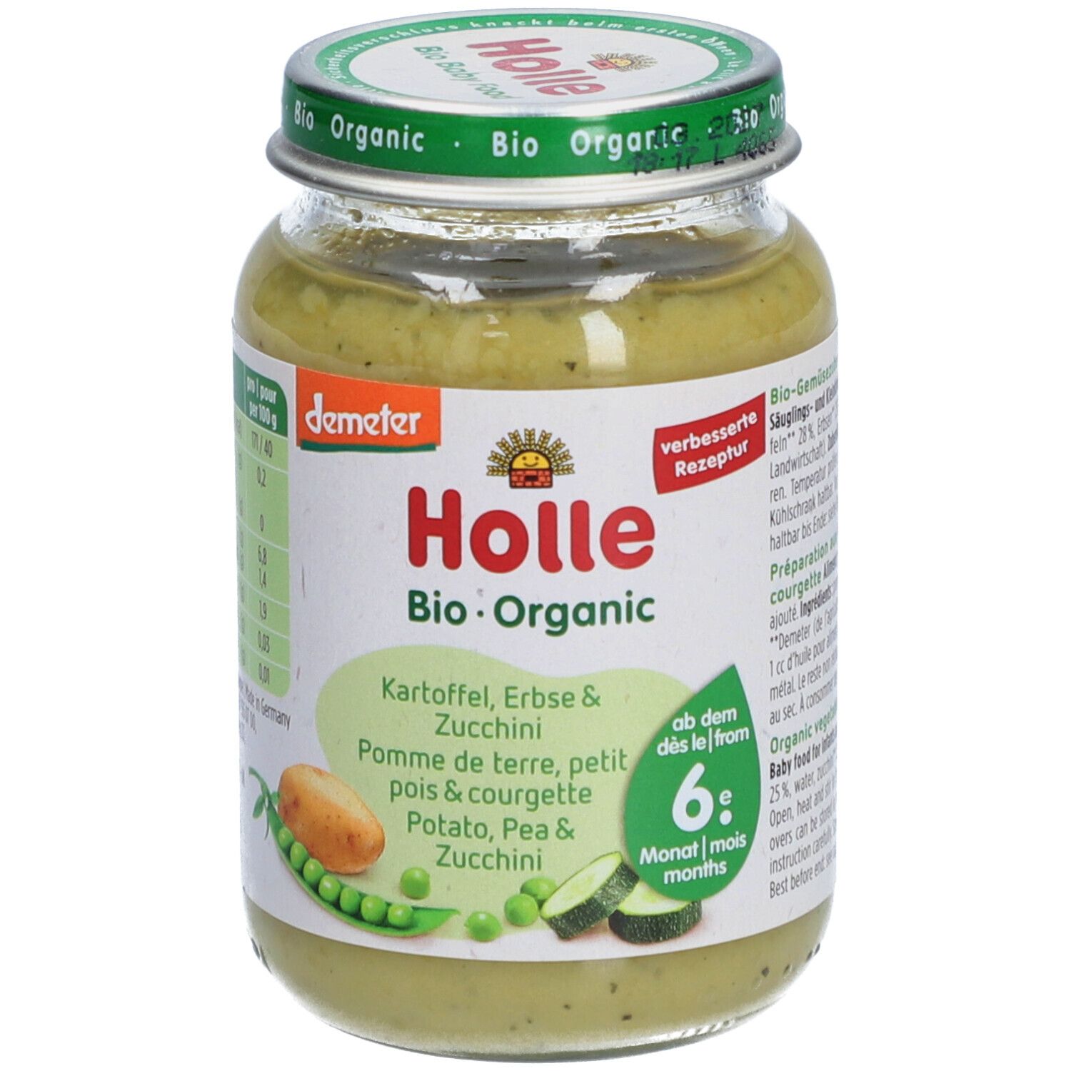 Pot Holle Bio-Organic, pomme de terre, petit pois et courgette. Demeter. 6+ mois. Contenu vert, couvercle vert.