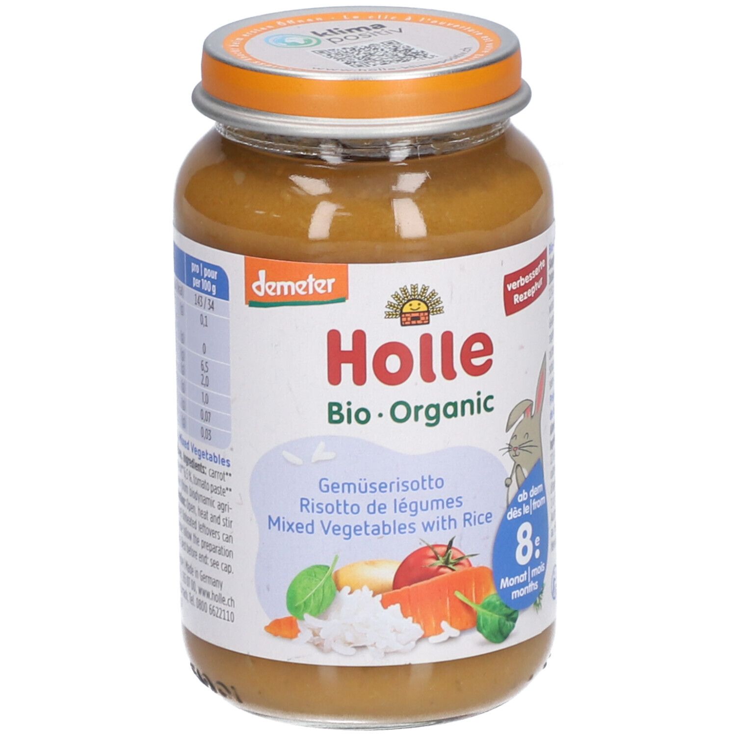 Pot Holle biologische groentepuree met wortel, rijst en spinazie. Demeter-keurmerk zichtbaar.