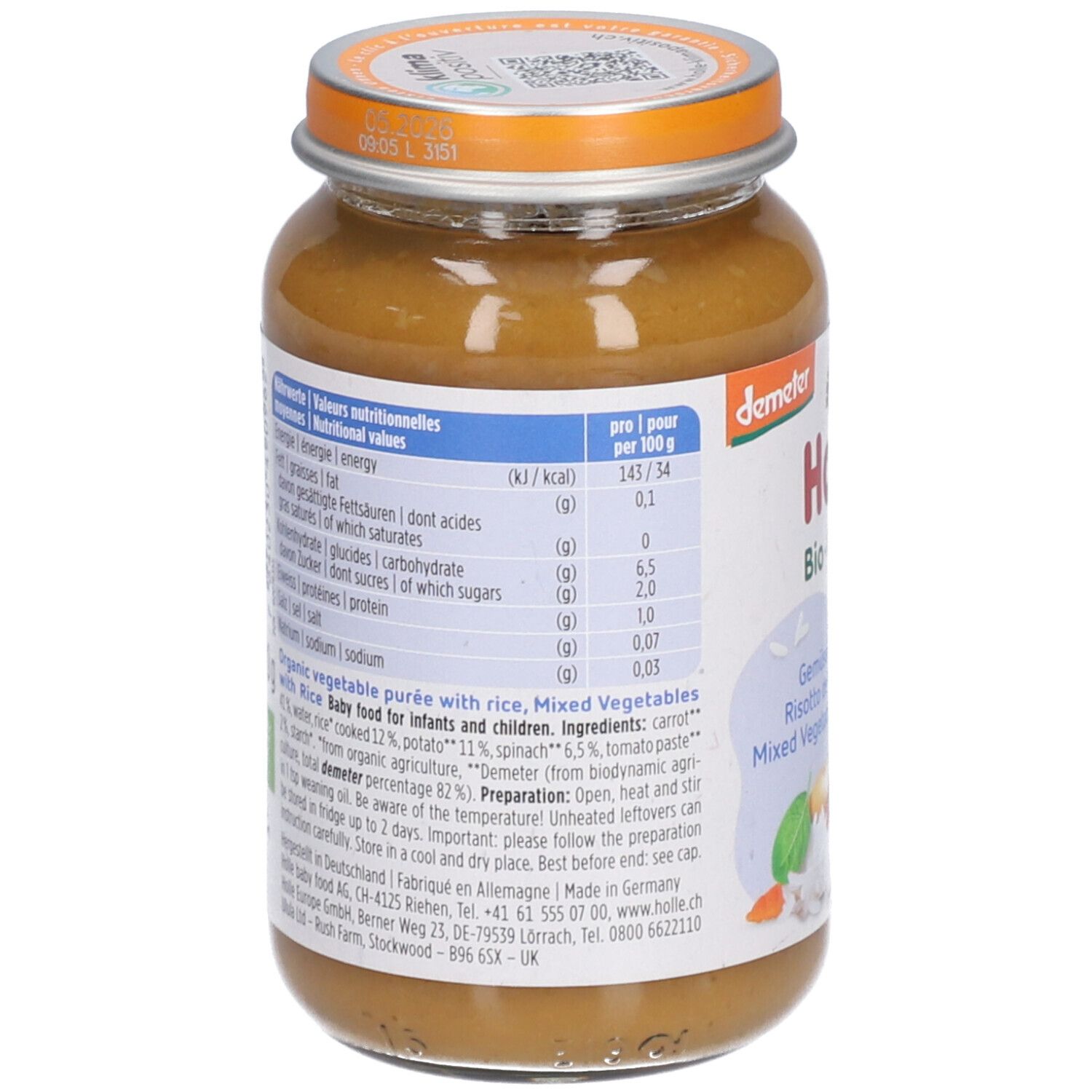 Achterkant van een pot Holle biologische groentepuree met rijst. Voedingswaarden en ingrediëntenlijst zichtbaar.