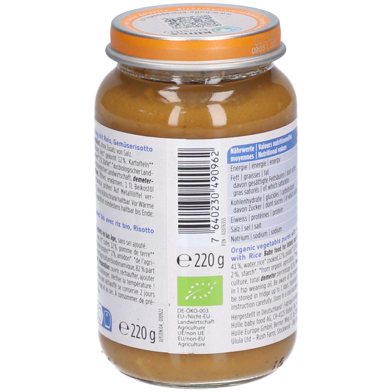 Pot Holle biologische groentepuree met rijst. Biologisch keurmerk en EAN-code zichtbaar. Gewicht 220g.