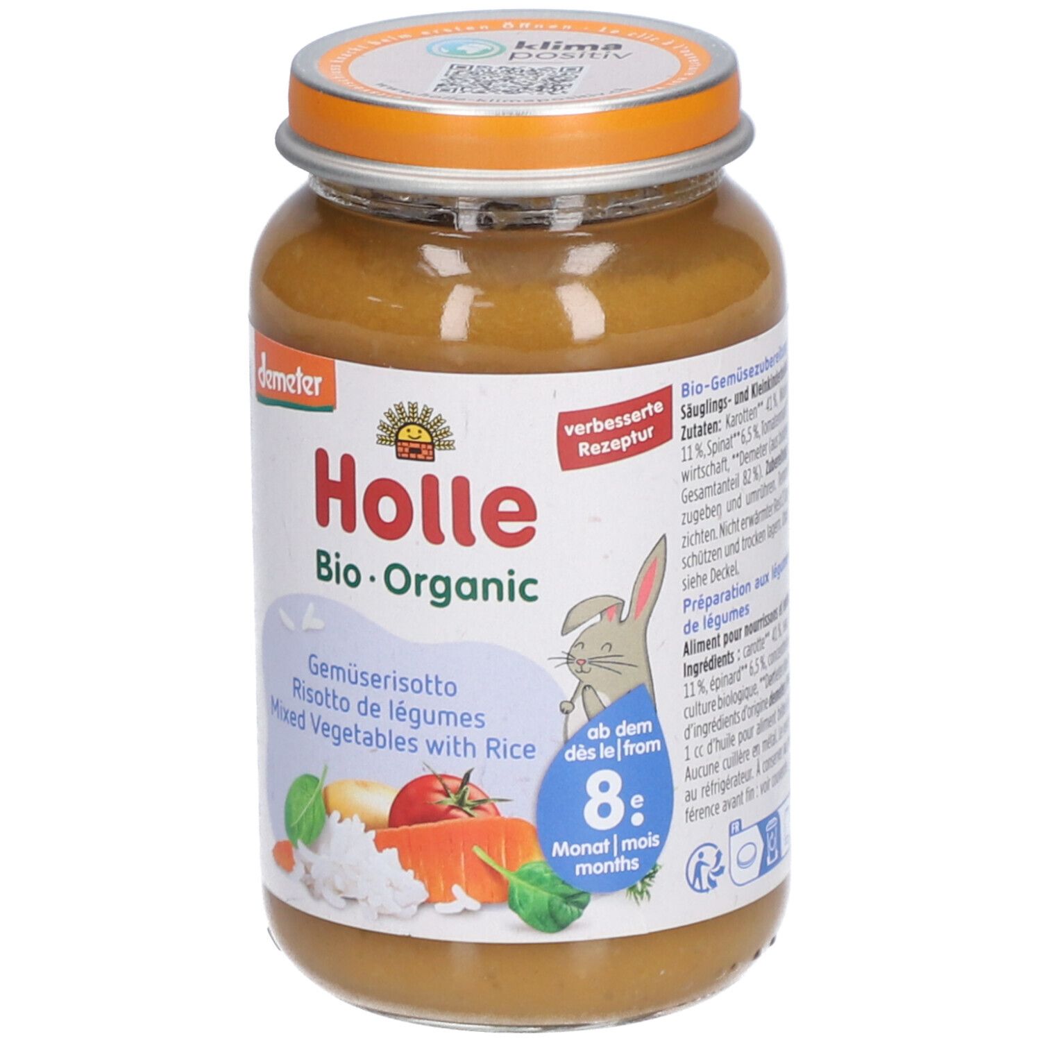 Voorkant van een pot Holle biologische groentepuree met rijst. Vanaf 8 maanden. Met wortel, tomaat, rijst.